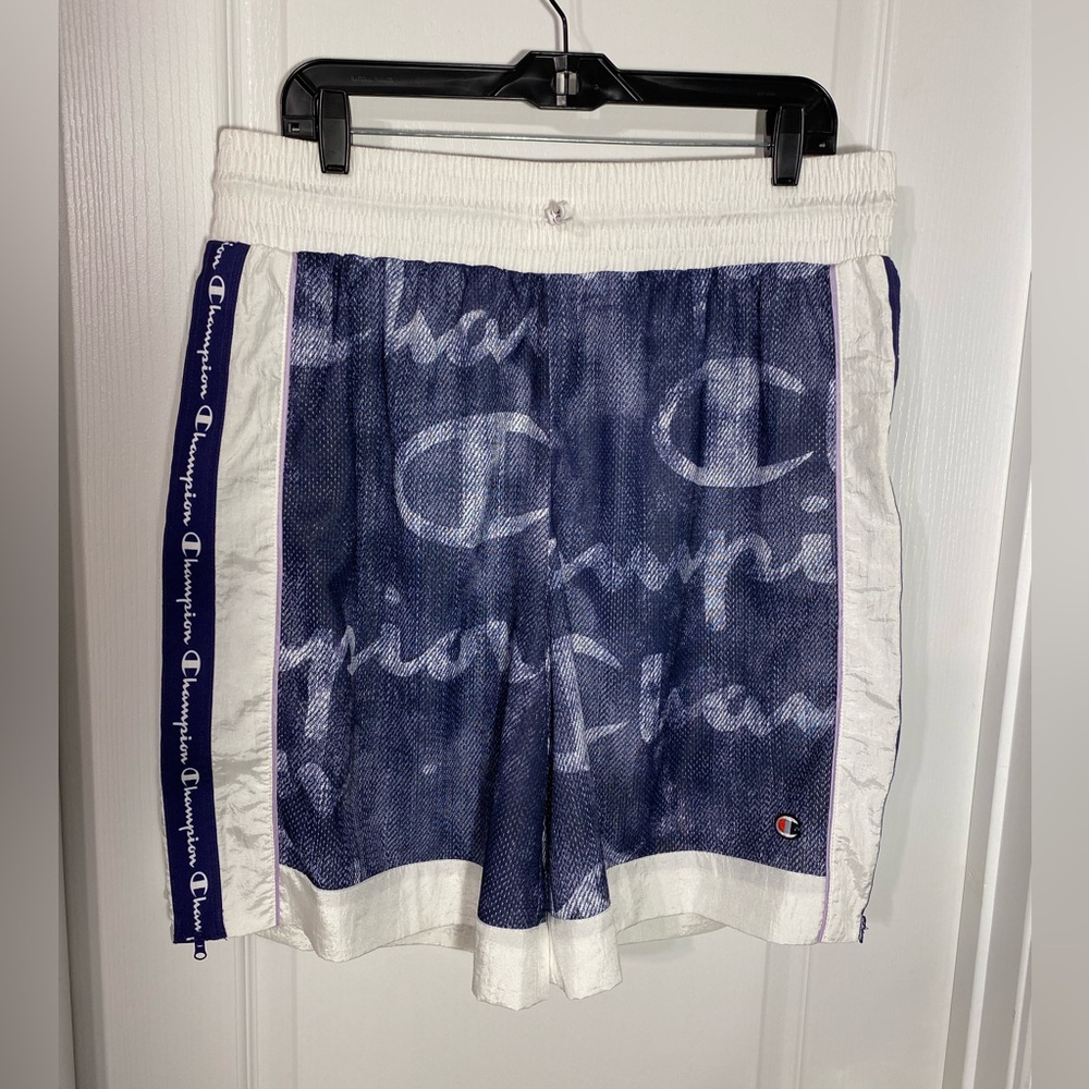 NEW Champion Life Mesh Shorts Logo Indigo Overlay Zipper Sides Size XL